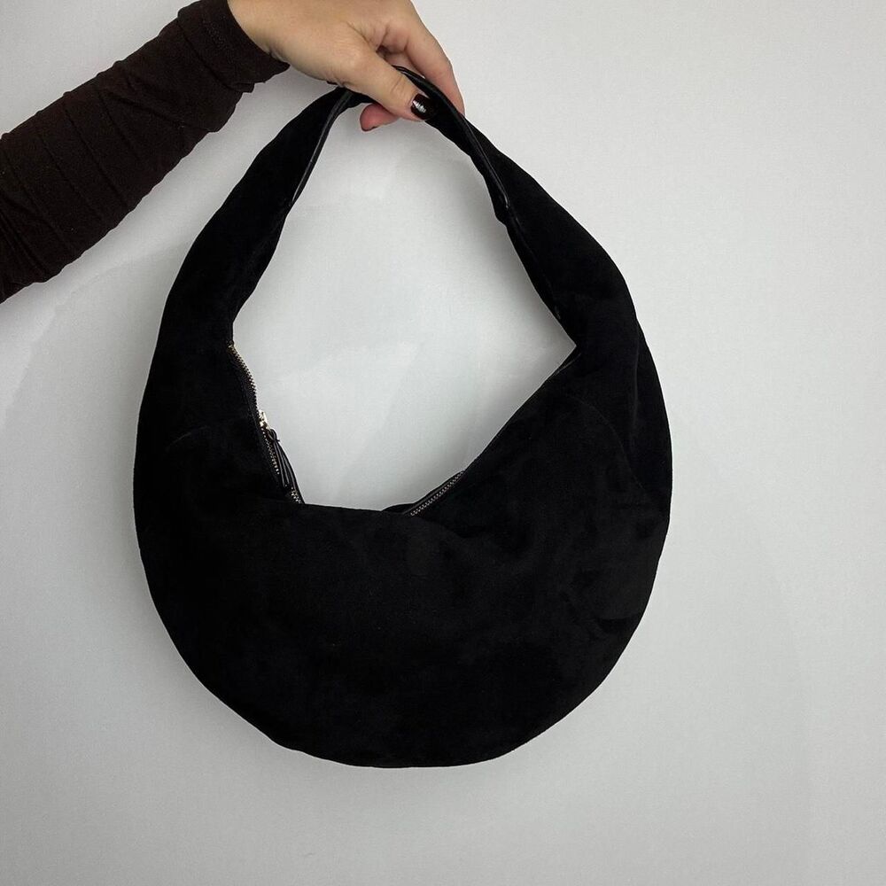 Loft Black Suede Leather Hobo Shoulder Bag with Gold Hardware